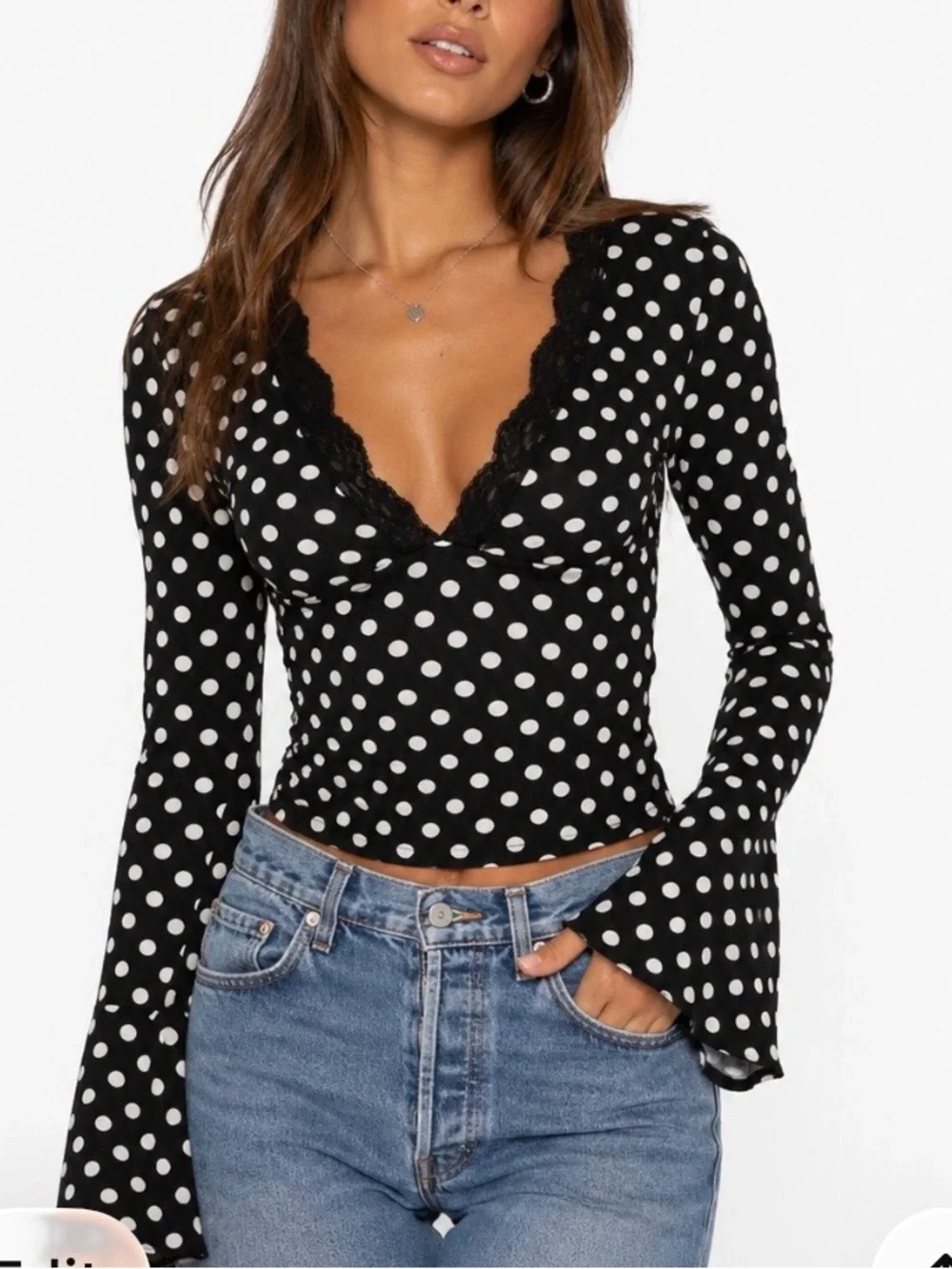 Edikted Black and White Polka Dot Lace-Trim Size M V-Neck Long Sleeve Top - Picture 1 of 15